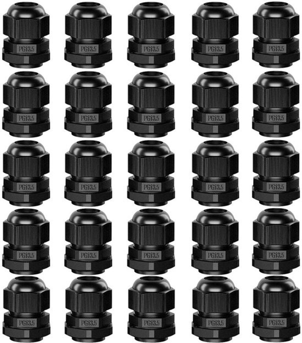 25 Stuks Premium Nylon PG13.5 Kabel Schroefconnectoren, 6~12mm, Verstelbare IP68 Waterdichte Kabel Schroefconnectoren, Waterdichte Kabelconnectoren met Seals (Zwart)