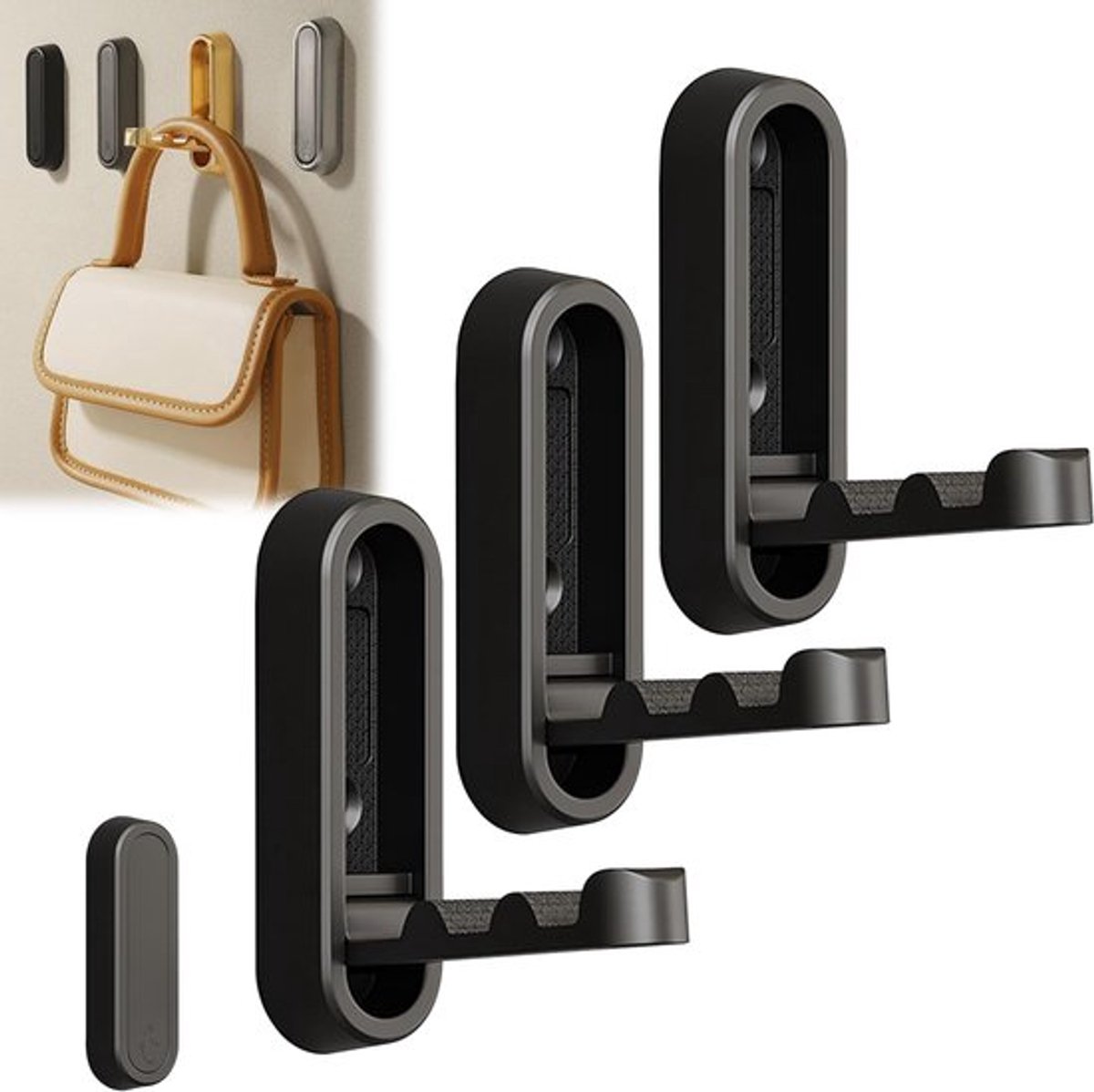 Haken - 3 stuks - Opvouwbare kapstokhaken - 7,4 x 2,4 x 1,2 cm - Metaal - Schroefbevestiging - Matte afwerking - Afgeronde randen - Stevige wandhaken - Geschikt voor muren, badkamers, garderobes en handdoekrekken - Zwart