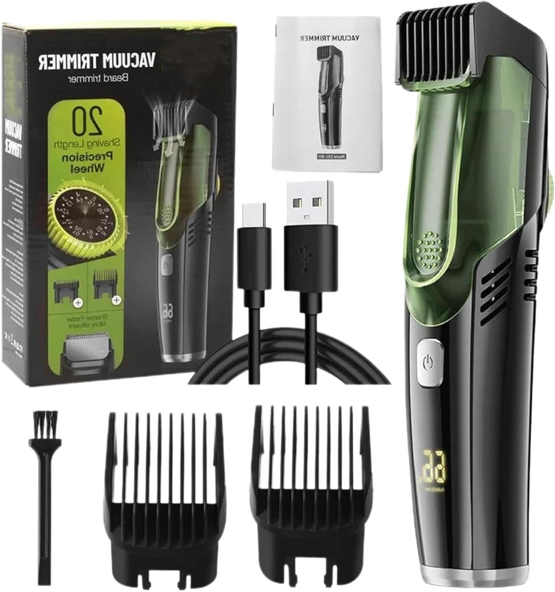 Baardtrimmer met Stofzuiger - Gezichtstrimmer Elektrische Scheerapparaat - Baard Verzorgen - Vangt 95% van de Haren - 20 Lengteopties - Zwart