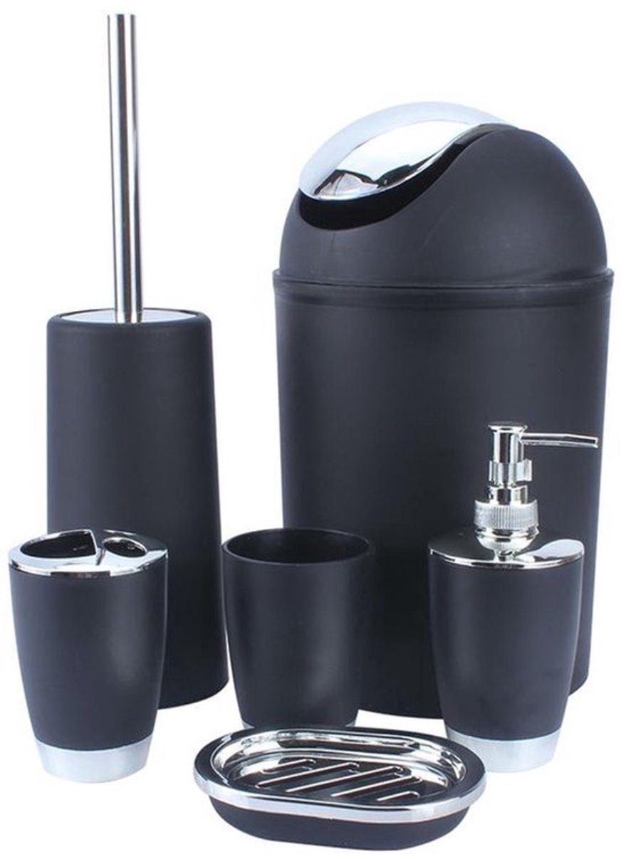 Zwarte 6-delige Badkameraccessoire Set - Tumbler, Tandbrushhouder, Onderzetter, Zeepdispenser
