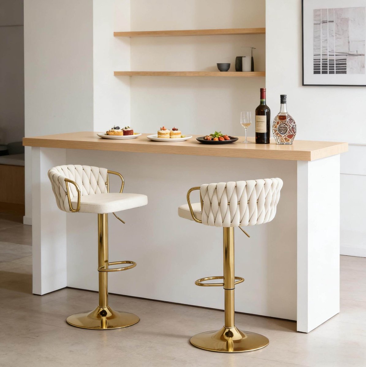 MODFU-Barkruk-Verstelbaar-Draaibaar-Met Rugleuning-Met Armleuning-Velvet-Creme Wit