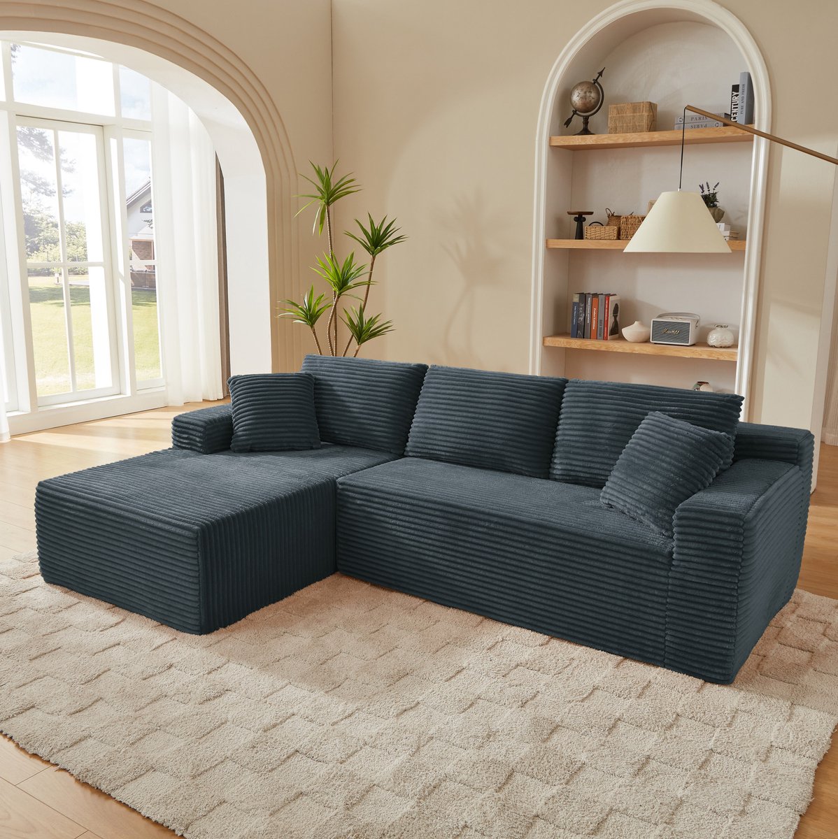 REDOM - Hoekbank - Modulair ontwerp - L-vorm met chaise longue - Afneembare hoes - Woonkamer - Schuim en veren - Donkergrijs - 252,5 x 163 x 65 cm