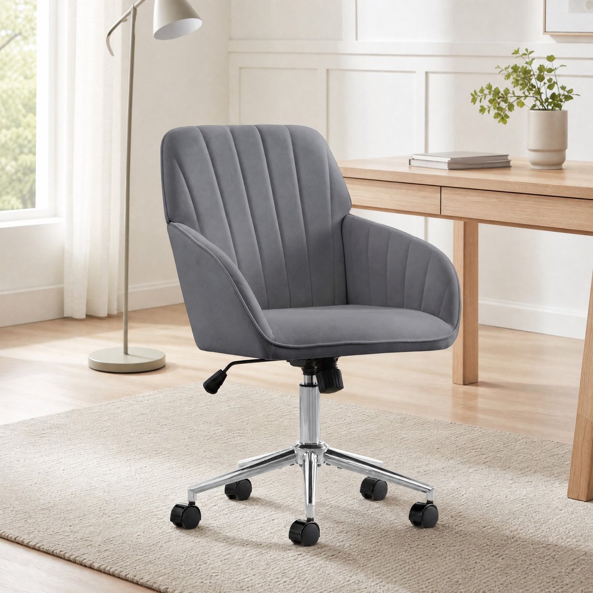 REDOM - Bureaustoel - Verstelbare zithoogte - 360 graden draaibaar - Met vaste armleuningen en wielen - Ergonomisch - Thuis en slaapkamer - Velvet - Grijs - 60 x 97 cm