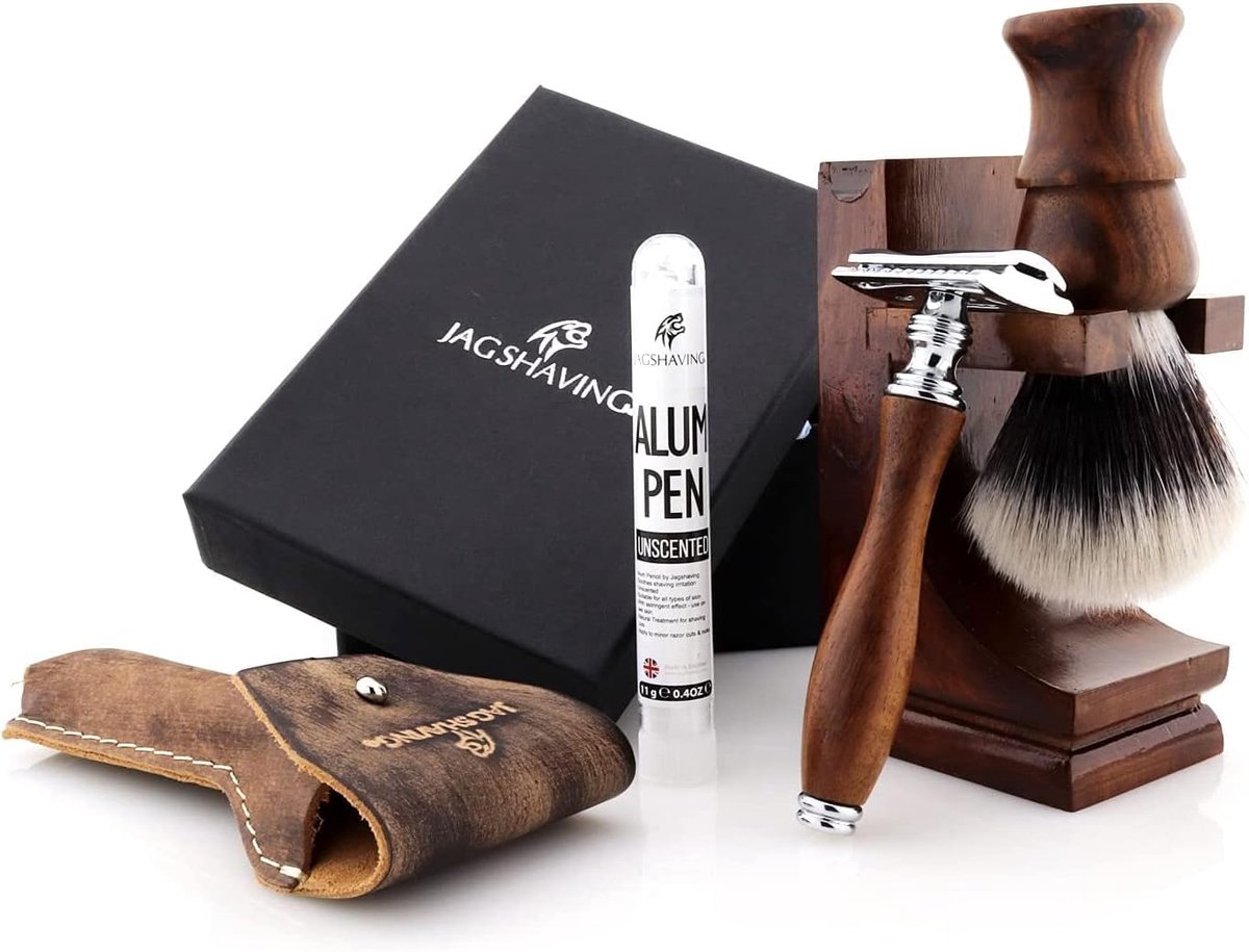Scheerset - 4-delige set - duurzaam hout en roestvrij staal - inclusief scheerstandaard - ShopVlot