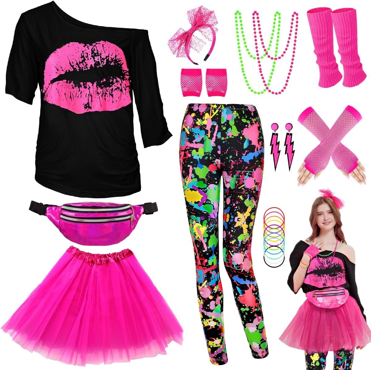 Leggings kleurrijke dames - neonkleding - accessoires voor carnaval - feestelijke jaren '80 '90 look - SnelShoppen