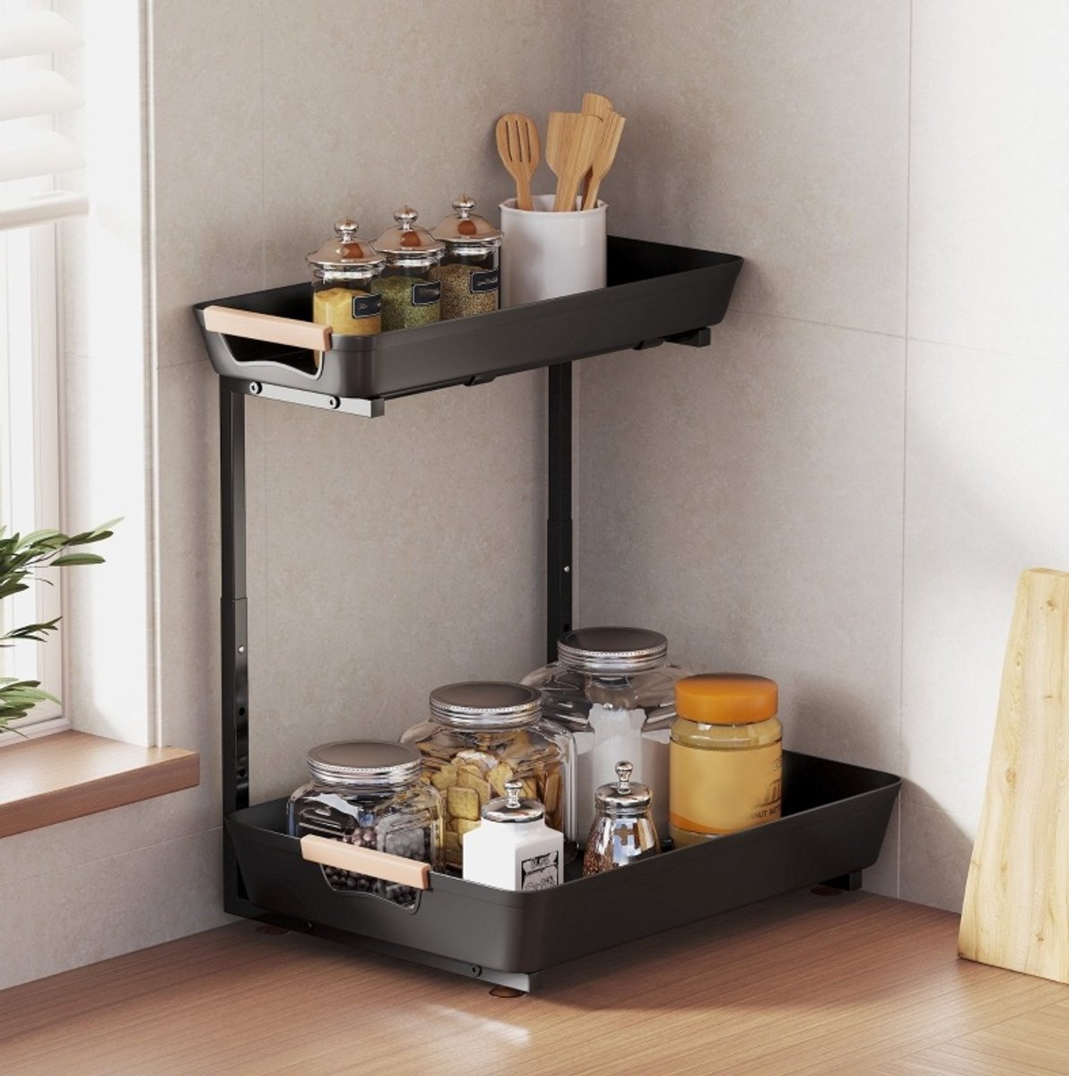 Keukenrek – Hoogteverstelbaar Met 2 Korven – 40 x 30 x 33,5-42 Cm – Metaal En Kunststof – Zwart – Voor Keuken En Koffiehoek – Antislip Zuignappen