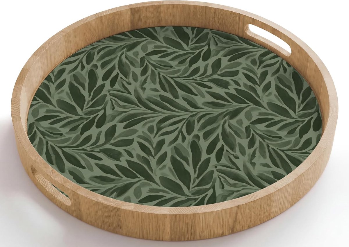 Dienblad Rond 50x50 cm Houten Serveerblad Met Handgrepen Gelakt Eikenhout Krasbestendig Hittebestendig Ontbijt Koffie Thee Eten Bladeren - Organisch - Groen