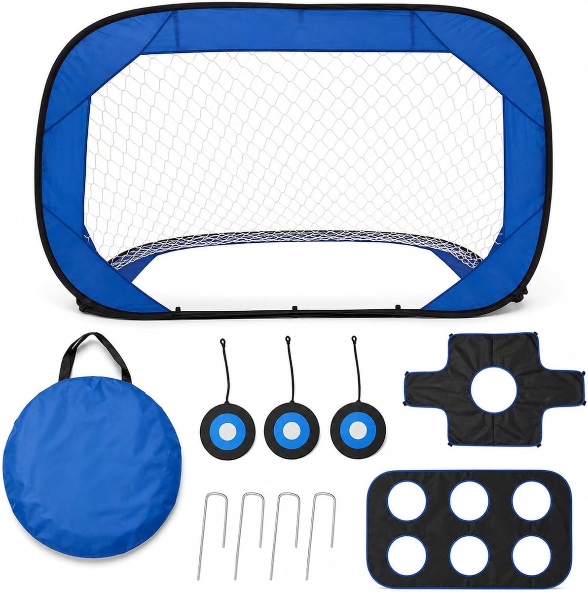 Voetbaldoel voor kinderen, opvouwbaar 4-in-1 trainingsnet, 122 x 7 x 80 cm, schiet- en rebounddoel voor tuin, park, school en gezin (blauw)