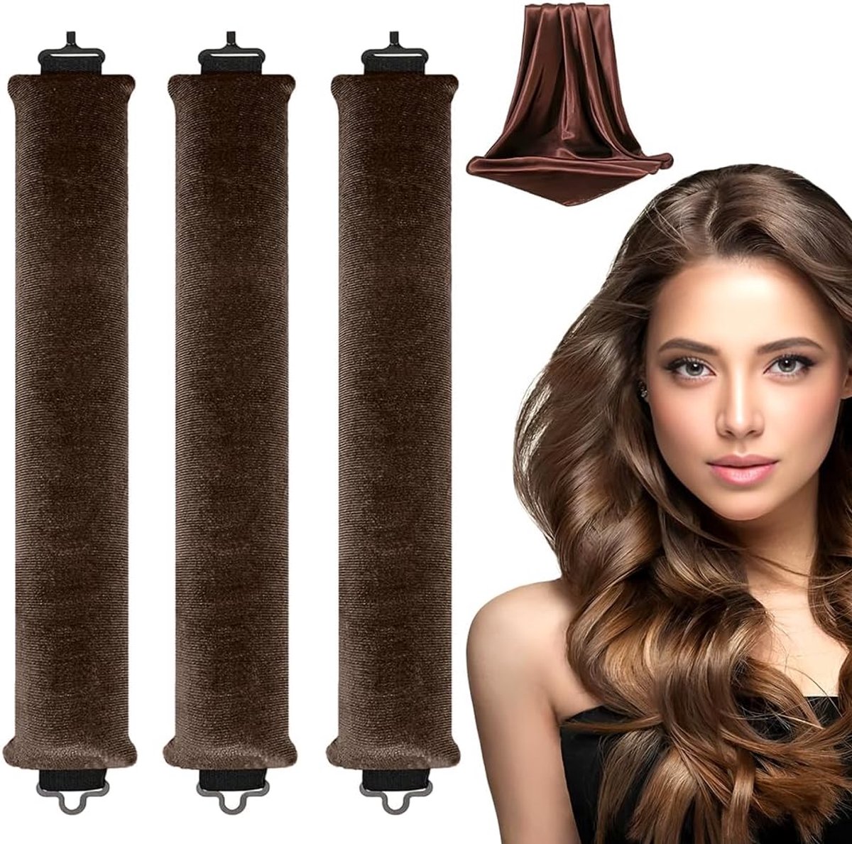 3 Delige Haarrollers, Hittevrije Krulset met Haardoek, Hittevrije Krulstokken voor Krullen Overnachting, Geschikt voor Lang en Halflang Haar (Bruin)