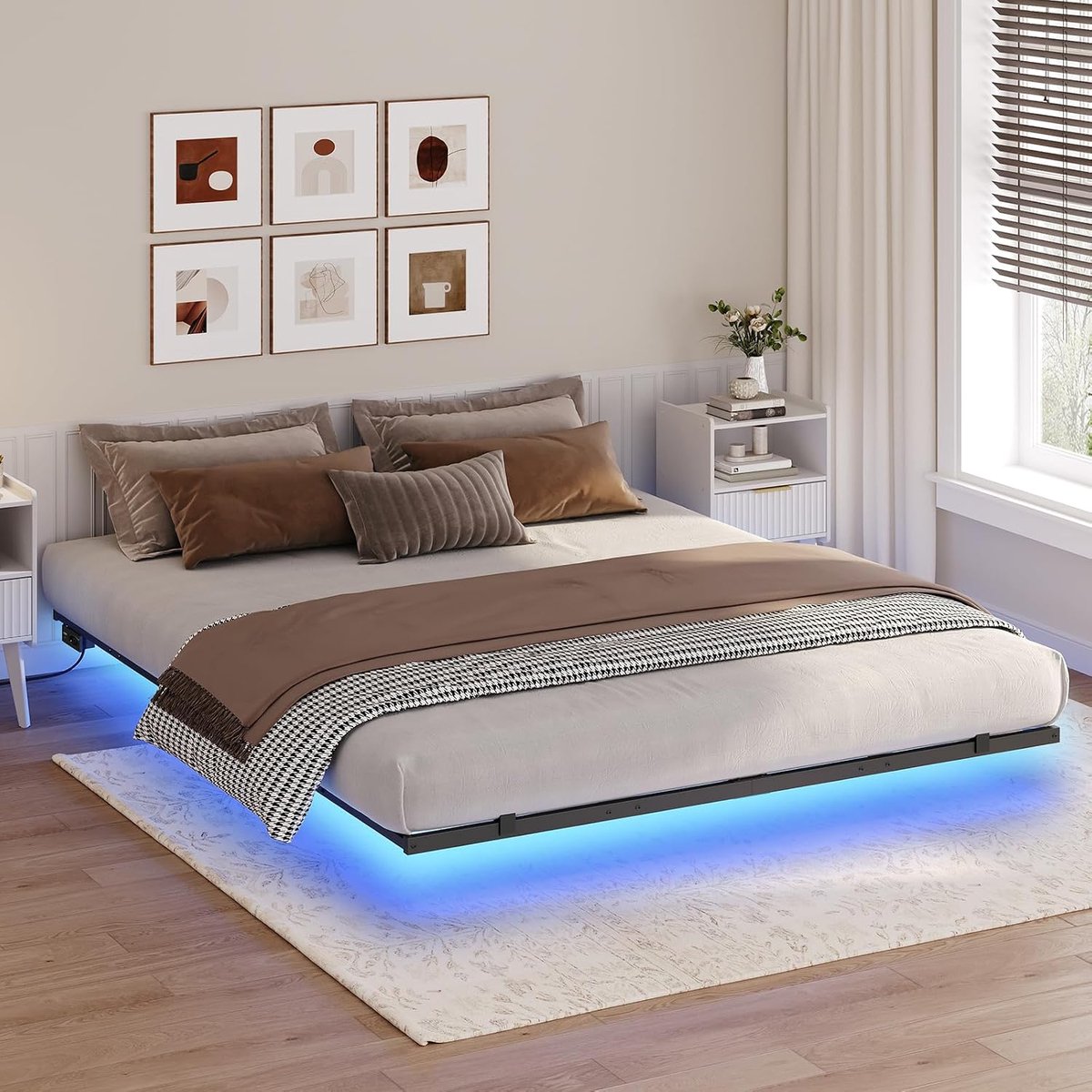 Bedframe, 160 x 200 cm, zwevend bedframe, bedframe met led en laadstation, houten lattensteun, tweepersoonsbedframe, voor slaapkamer, logeerkamer, zwart en houtkleur ABFHN638UE01
