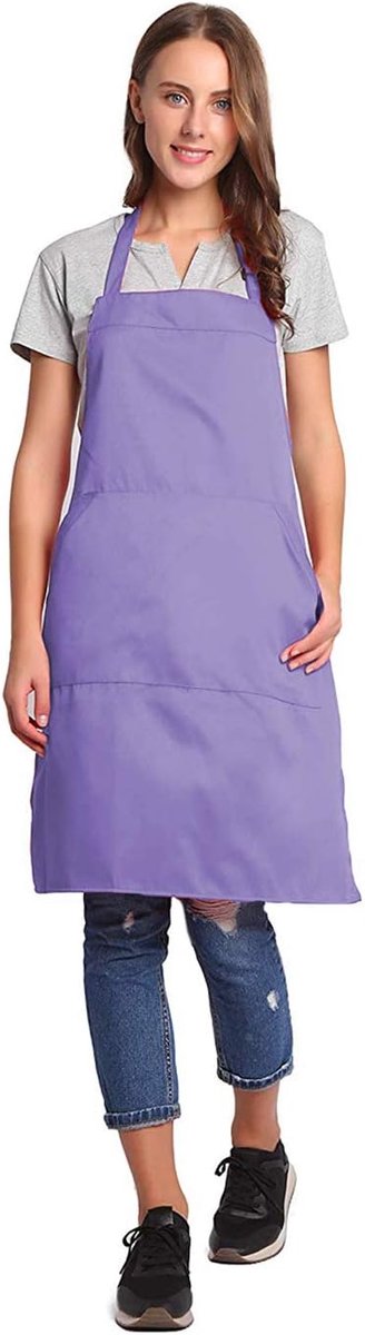 Verstelbare Bib Schort met Lange Ties voor Vrouwen Mannen 18 Kleuren Chef Keuken Koken, Lavendel, XL