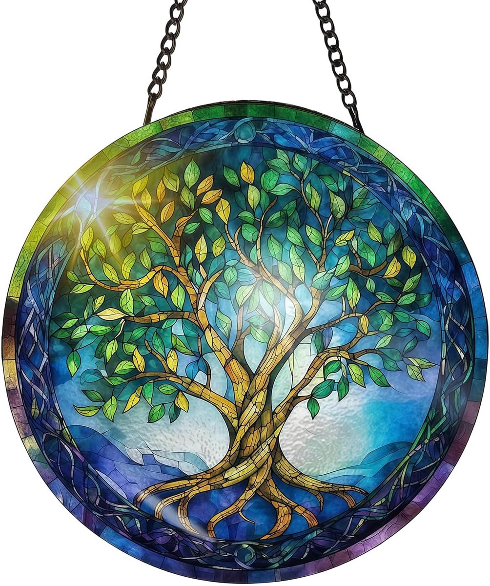 Venster, zonnevanger, acryl, 20 x 20 cm, boho-decoratie en raamdecoratie, hangend voor balkon, kleurrijk lichtspel, raamdecoratie inclusief metalen ketting (boom)