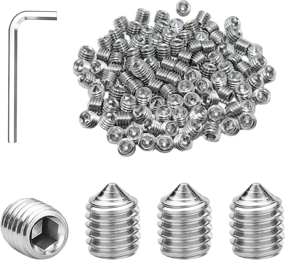 100 stuks kegelpuntschroeven M5 x 5 mm roestvrij stalen schroeven | Inbusschroefdraadbouten met zeskantsleutels, schroefdraadstangschroeven, wormschroevenset voor deurgrepen, meubelreparatie