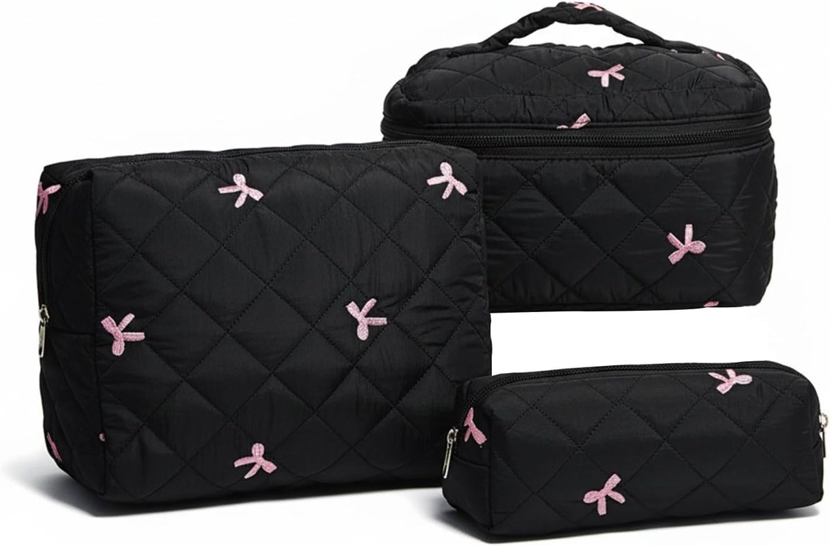 3-delige toilettas voor dames, katoenen make-uptasset, zwart, Elegant | Draagbare make-uptasset met strikpatroon, pennenetuiset, schrijfwaren-organizer voor reizen en dagelijks gebruik