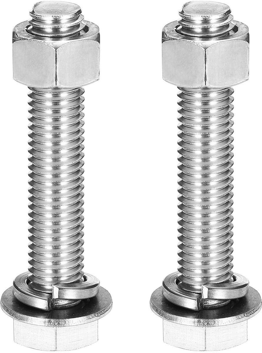Schroeven assortiment zeskantkop M12 x 65 mm roestvrij staal 304, moeren, platte sluitringen en vergrendeling, complete schroefdraad, afwerking voor huis, elektronica, 2 sets