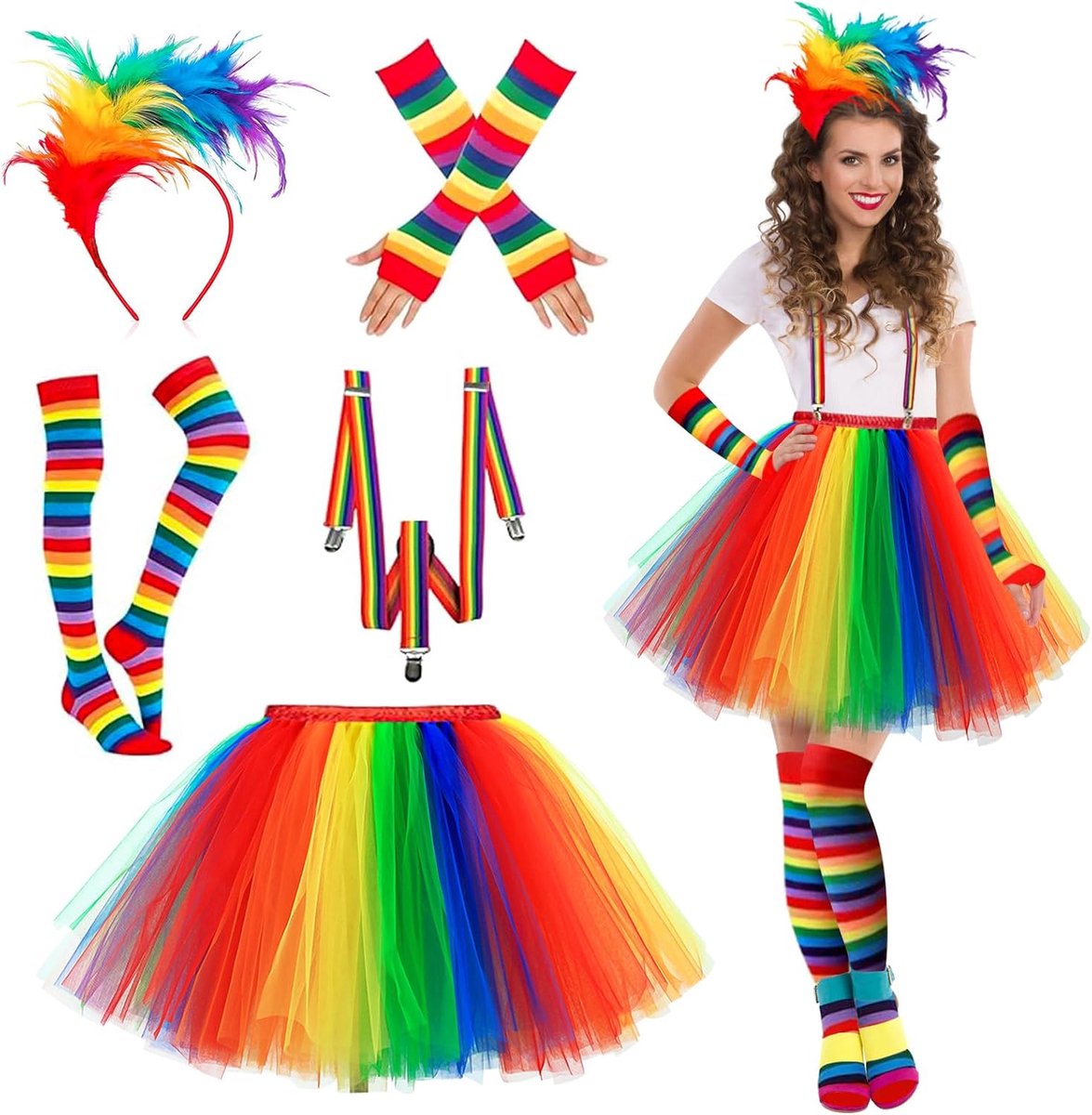 Regenboog dames kostuum: 5 stuks tule rok set bretels, kniekousen kleurrijk, vingerloze handschoenen, kleurrijke veren haarbanden, tutu jaren 50 outfit Halloween ballet dansjurk