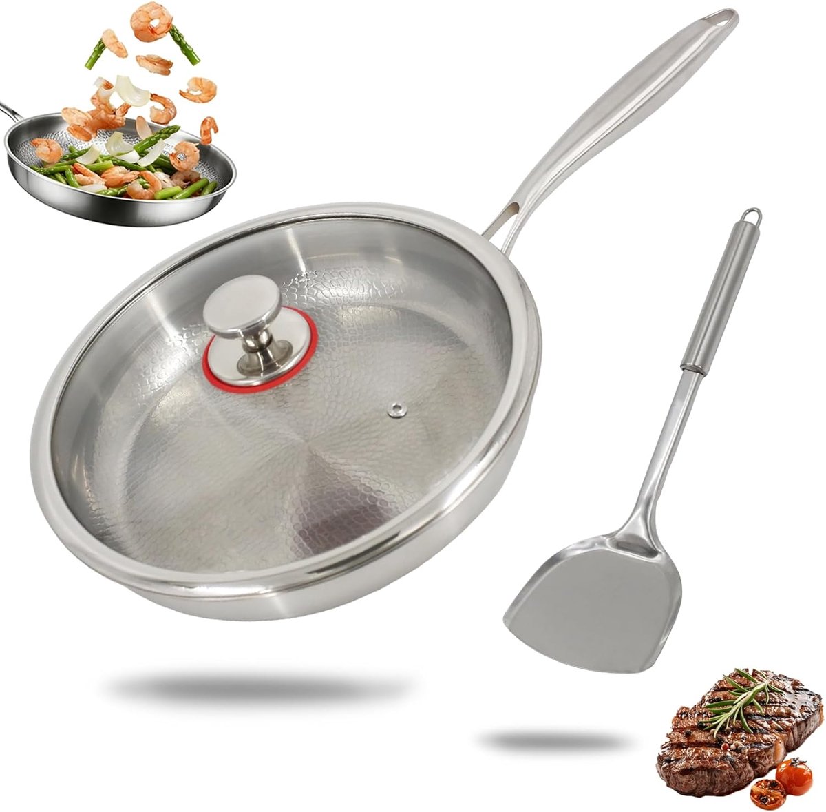 Ongecoate koekenpan met glazen deksel en spatel, gehamerd anti-aanbakmateriaal, titanium inductiekookplaat, geschikt voor keuken en camping (30 cm)