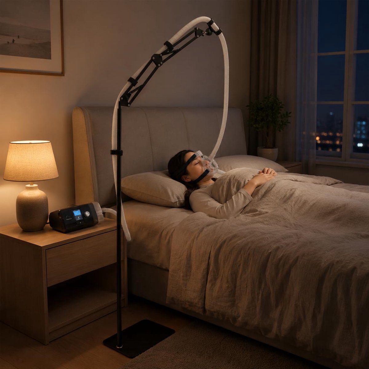 - Anti-klit, in hoogte en hoek verstelbaar, 360°-clip, compatibel met Löwenstein & ResMed, accessoire voor CPAP-maskers en zijslapers (metaal)