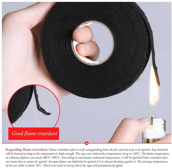 Isolatietape, zwart, bedradingsband, hittebestendig, voor kabelbomen voor auto en motorfiets (19 mm x 15 mm) — afbeelding 3