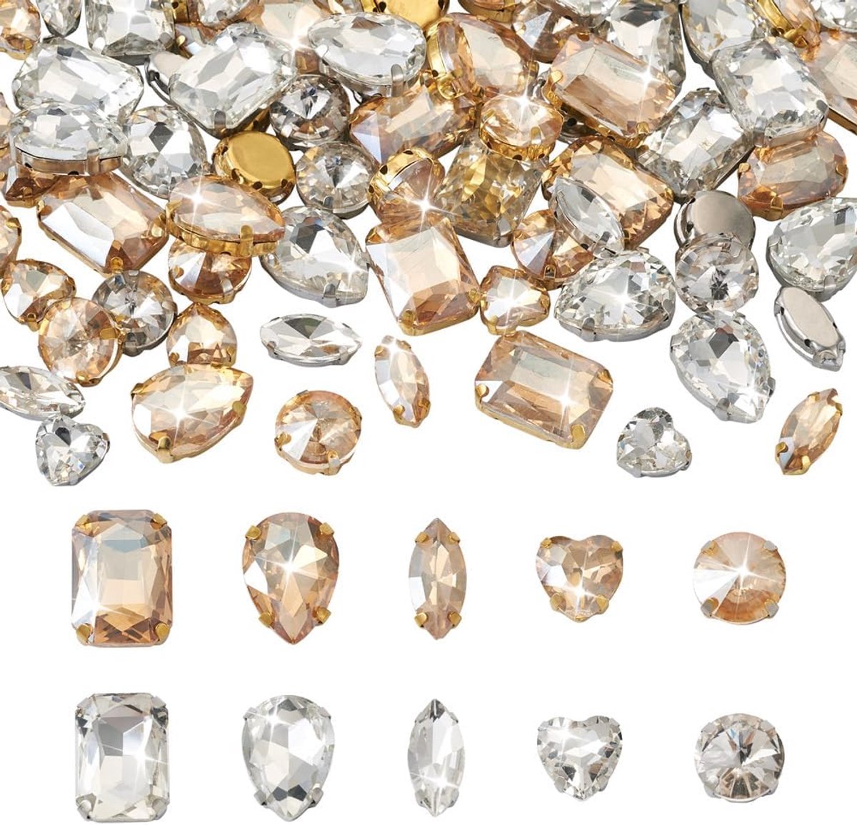 Strass-steentjes voor het opnaaien, helder glas, platte achterkant, facetgeslepen kristallen cabochons voor kleding, kledingversiering, Topaas & transparant, 100 stuks