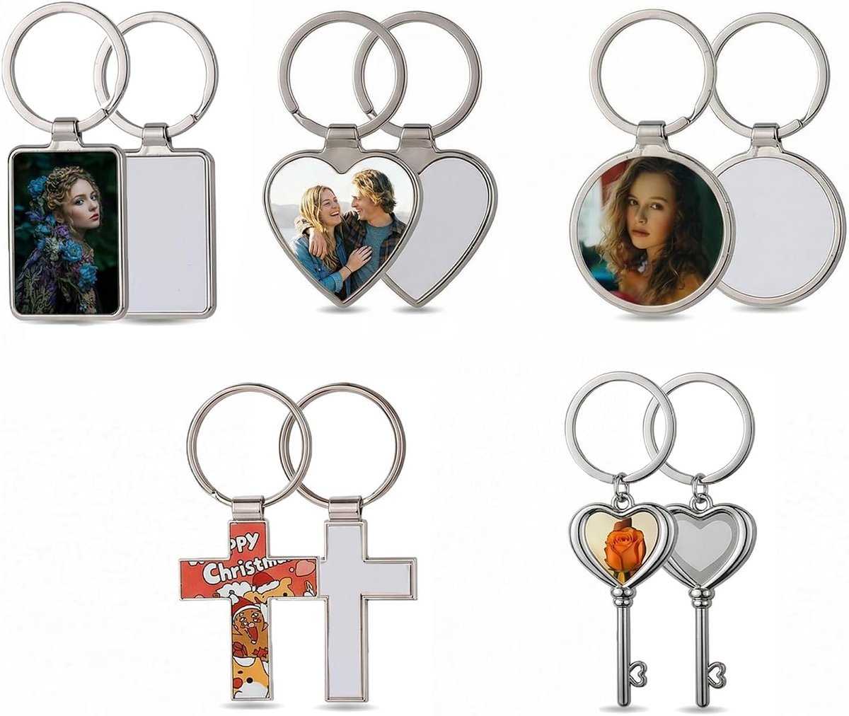 5x Blanco Sleutelhangers voor Sublimatie Blanco | Gepersonaliseerde Sleutelring met Hanger van Metaal Fotolijstje voor Cadeaus Souvenire Ornamenten, Knutselwerk