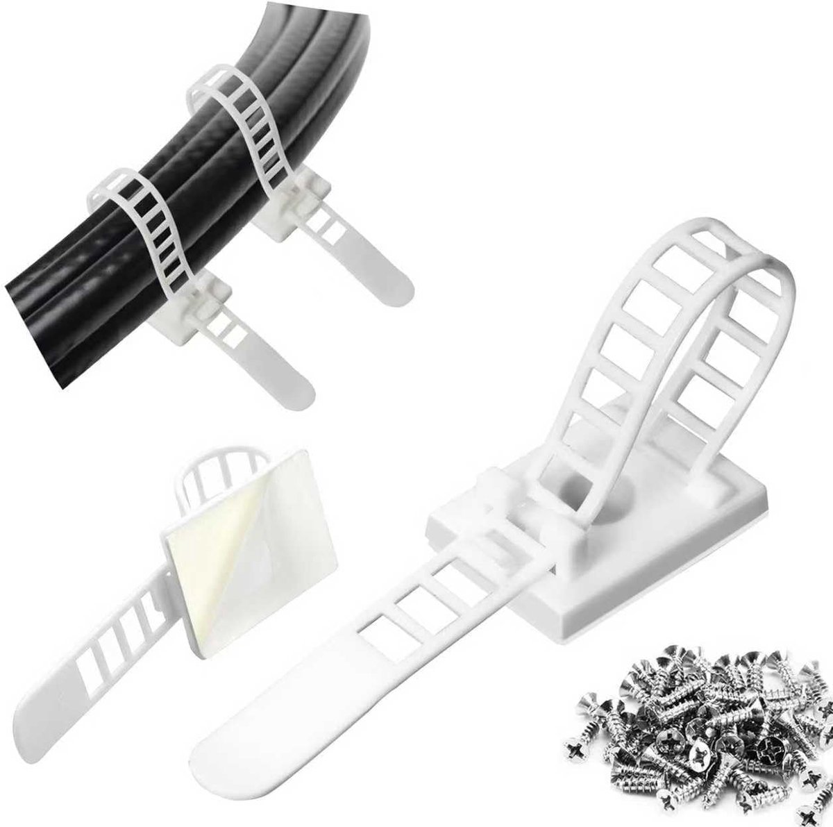 50 Witte Kleefbare Kabelclips, Verstelbare Herbruikbare Kabelbinders met Schroefbevestiging, Kabelmanagement Organizer voor Thuis Kantoor Bureau (met schroeven)