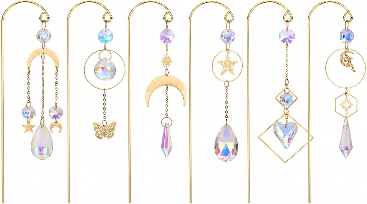 6 Stück Kristal Zonvangers, Plantenranken Suncatcher, Hangende Raamdecoratie, Goud Metaal Kristal Prisma Plantenranken voor Kamerplanten, Raam & Tuindecoratie