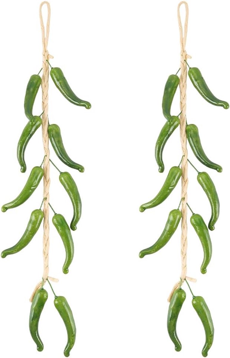 Set van 2 kunstpeperkoorden, kunstgetrouwe chilipepers als decoratie, voor groenten, hangende garens als fotorekwisieten voor thuis, keuken, boerderijfeesten en wanddecoratie, groene chili
