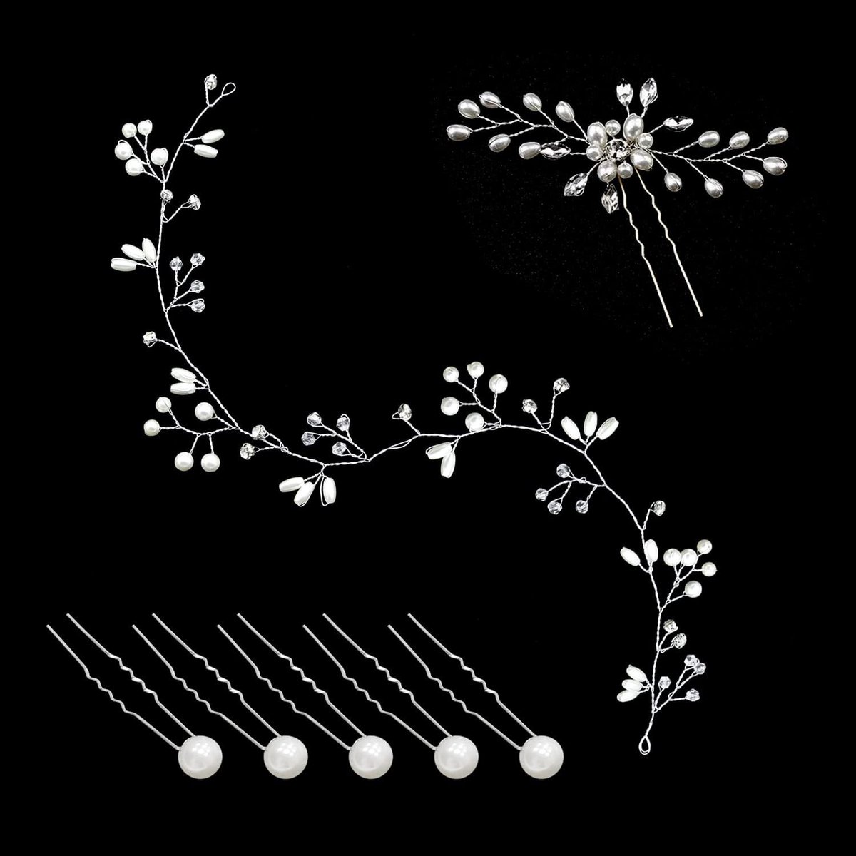 Haarband 50cm - zilver - met bloemen haarspeld en parelclips - elegant voor bruiloften - ShopVlot