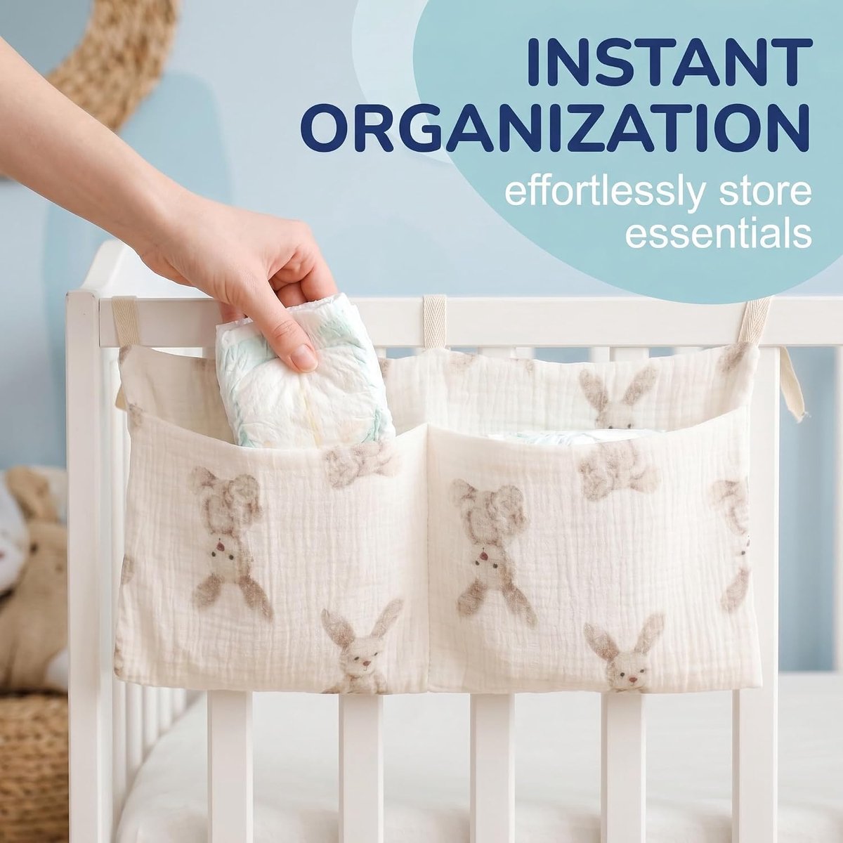 Organizer voor babybed 20 x 39 cm - hazendesign met lange oren - opbergtas voor luiers en speelgoed - ShopVlot