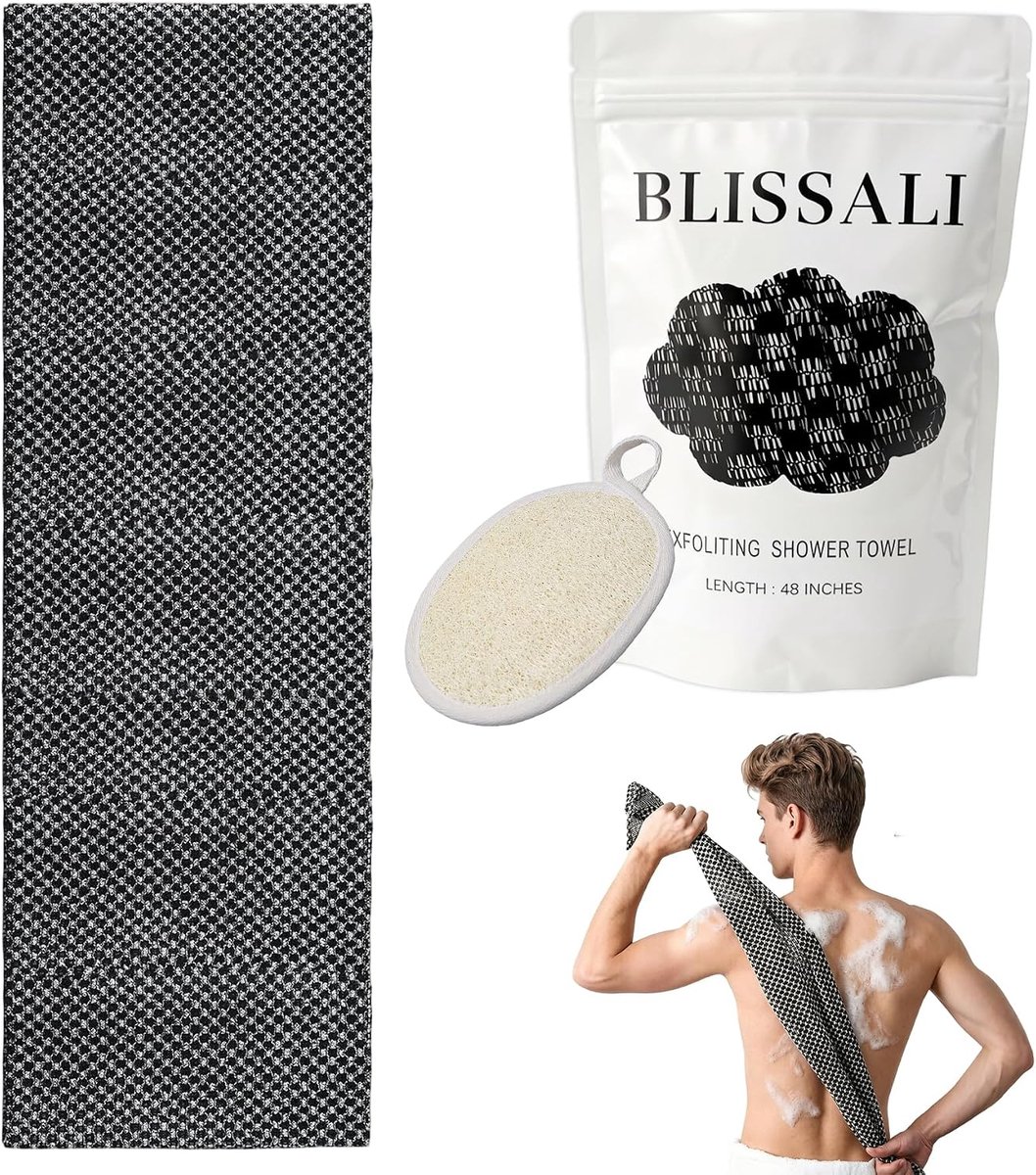 Douchehanddoek set van 2 - 119 cm extra lang - dubbelzijdig luffa - effectieve rugpeeling voor dames en heren - ShopVlot