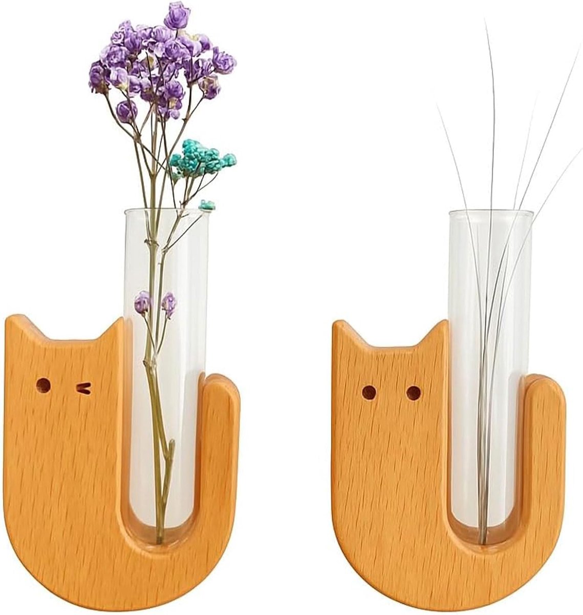 Mini vaas magneten - schattige kat - houten basis - perfect voor verse bloemen - ShopVlot