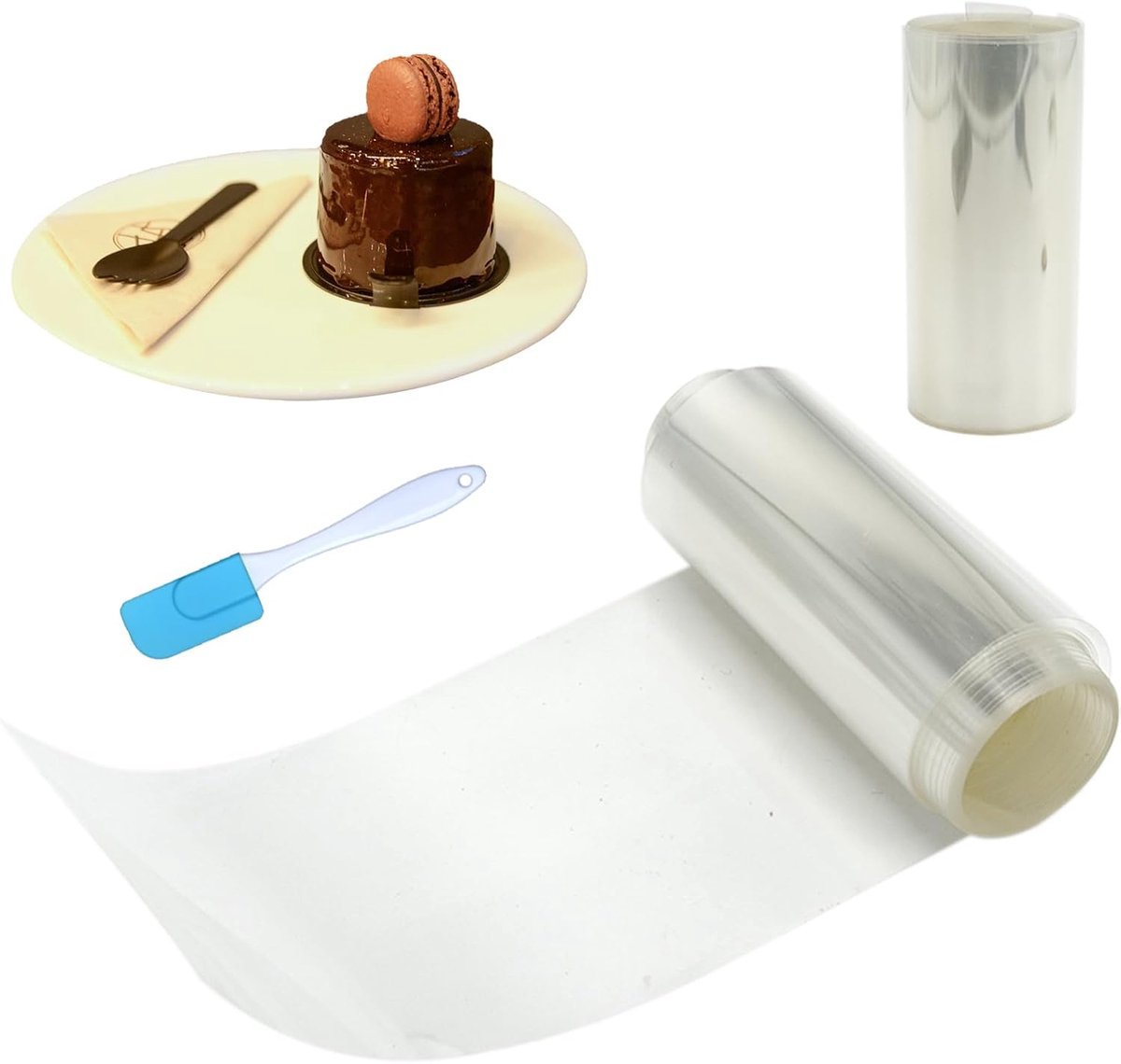 Taartdecoratie transparant 10 cm x 10 m - Foam, cake roll, met 1 blauwe schraper - Veilig en buigzaam - ShopVlot
