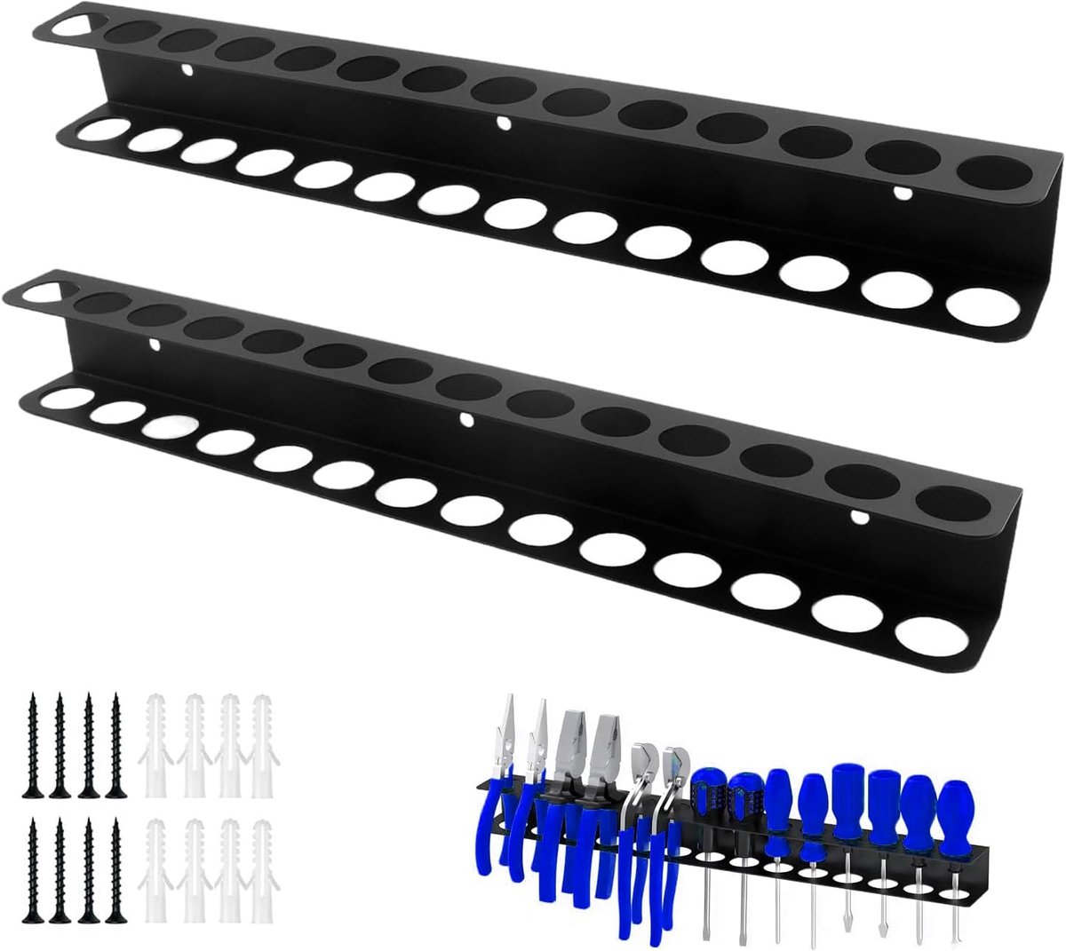 Toolhouder wandmontage 40 cm - carbon staal - 14 gaten - veilig en toegankelijk voor gereedschap - ShopVlot