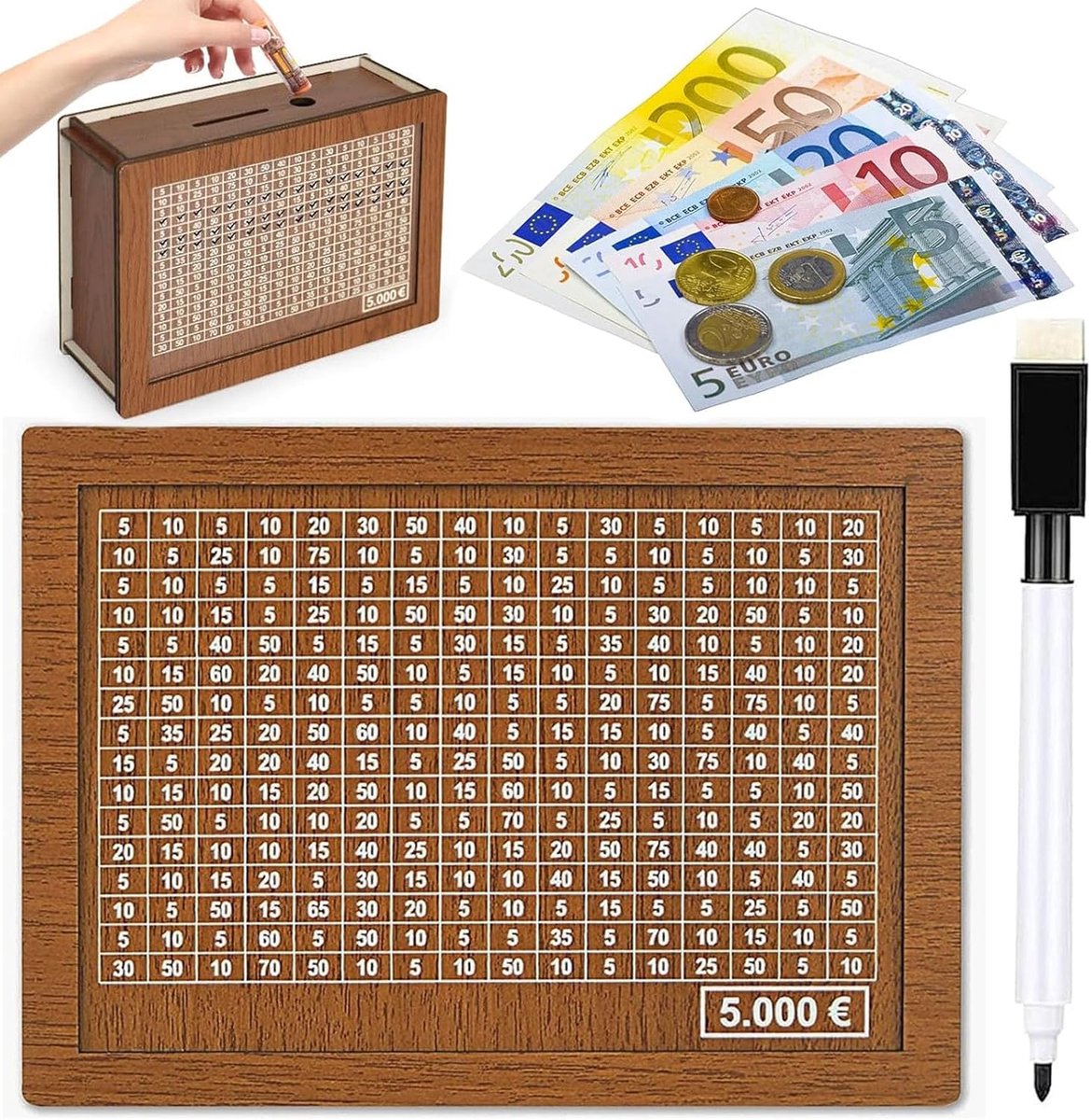 Spaarpot Houten Spaarpot met Telling - Herbruikbare Spaarpot voor 5000 Euro - ShopVlot