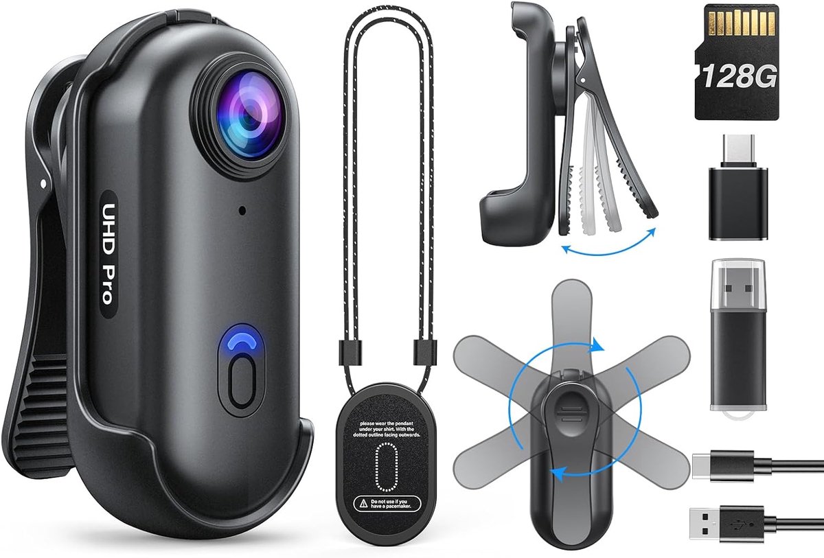 Bodycam 4K - Mini body cam met 360° rotatieclip - 128GB opslag - Ideaal voor wandelen met huisdieren - ShopVlot