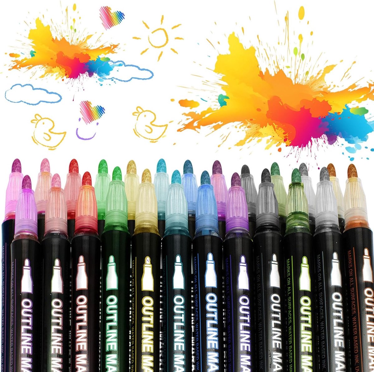 Contour pennen dubbele lijn - 24 kleuren glitterstiften - metallic outline marker - voor kleurrijke creaties - ShopVlot