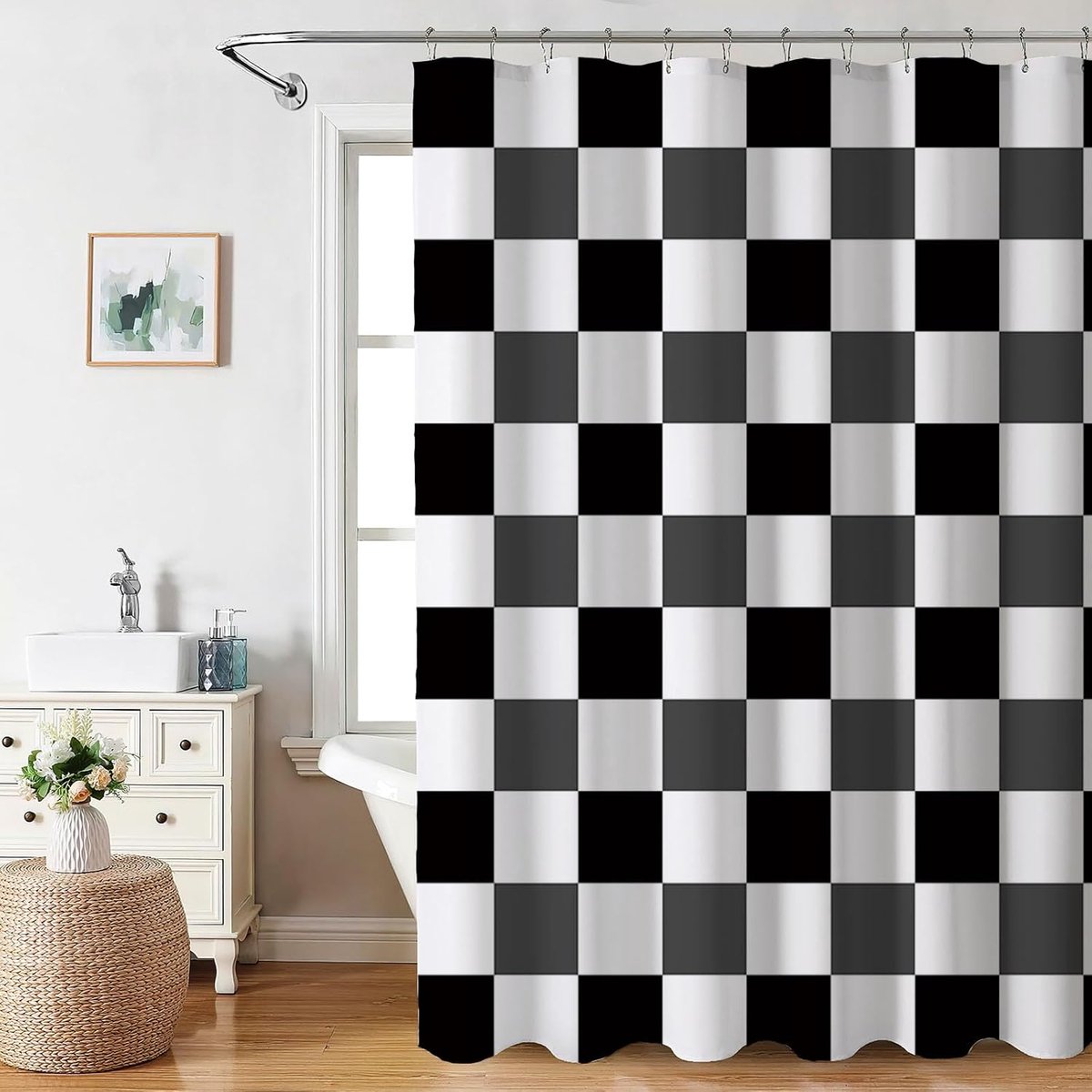 Douchegordijn 180x180cm - Zwart Wit Waterdicht - Duurzaam Vintage Ruitpatroon - Machinewasbaar voor Badkamer - ShopVlot