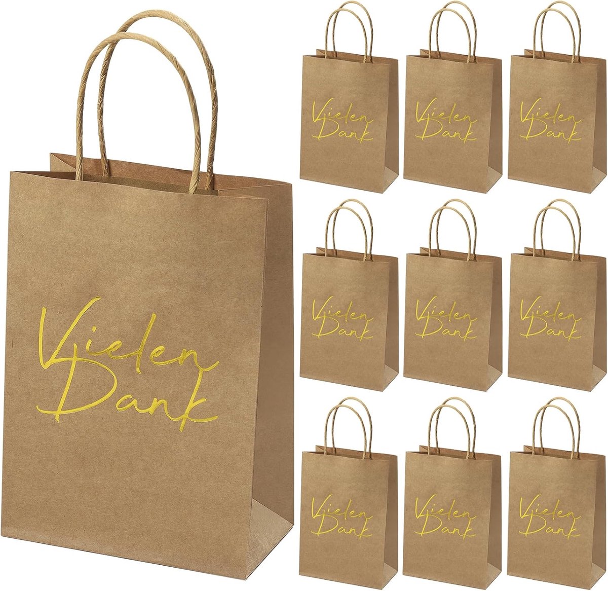 Papieren zakken met handvat 21x15x8 cm - kraftpapier - goudfolie 'Hartelijk dank' - perfect voor geschenken - ShopVlot