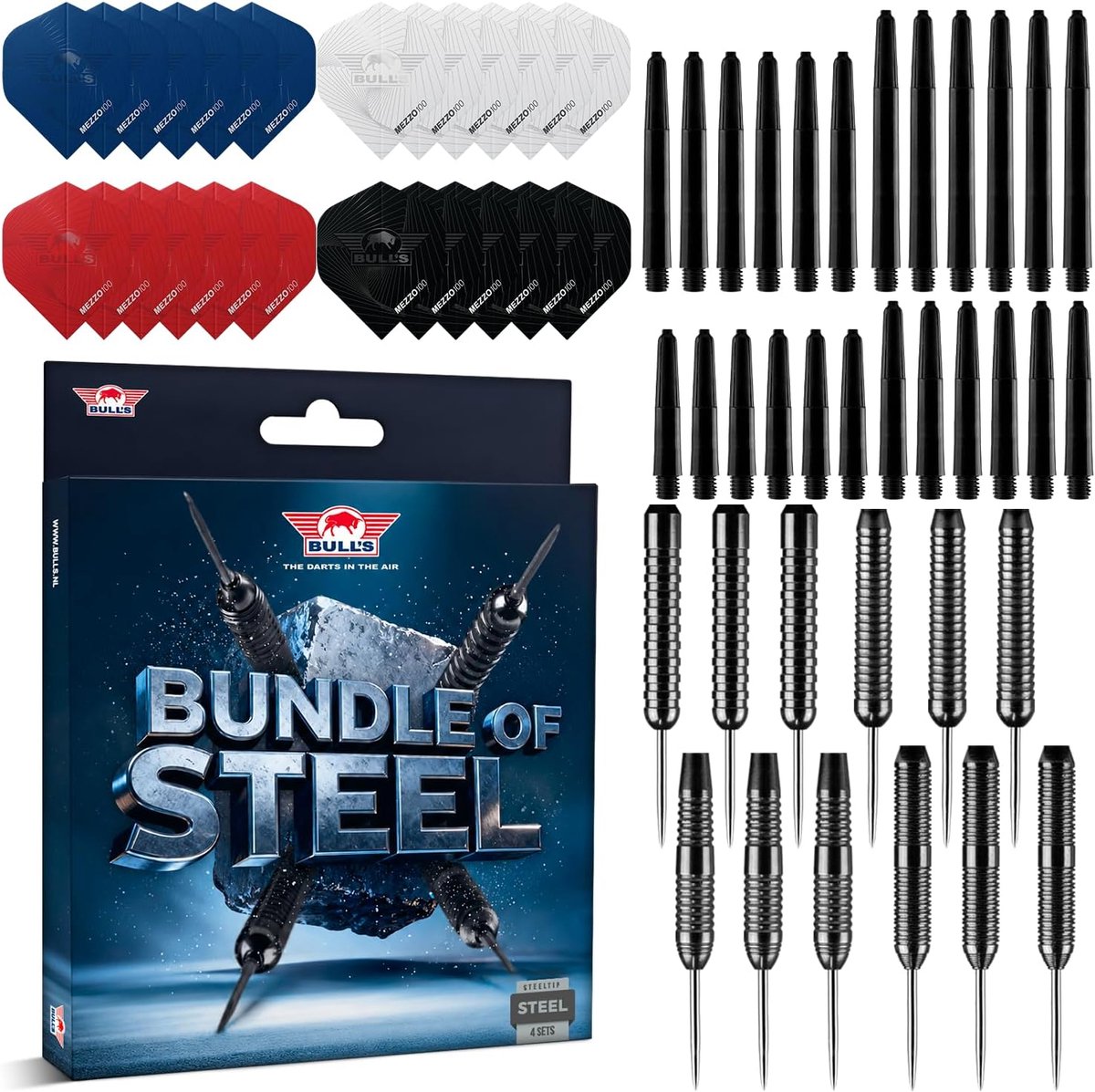 Steeldarts set 21g 22g 23g - Bull's bundle met ring grip barrels - Inclusief reserve flights en shafts - ShopVlot