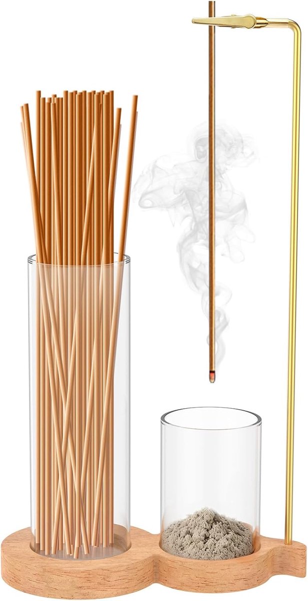 Wierookhouder met glazen en houten asopvang - omgekeerde wierookbrander - voor meditatie en zen - ShopVlot