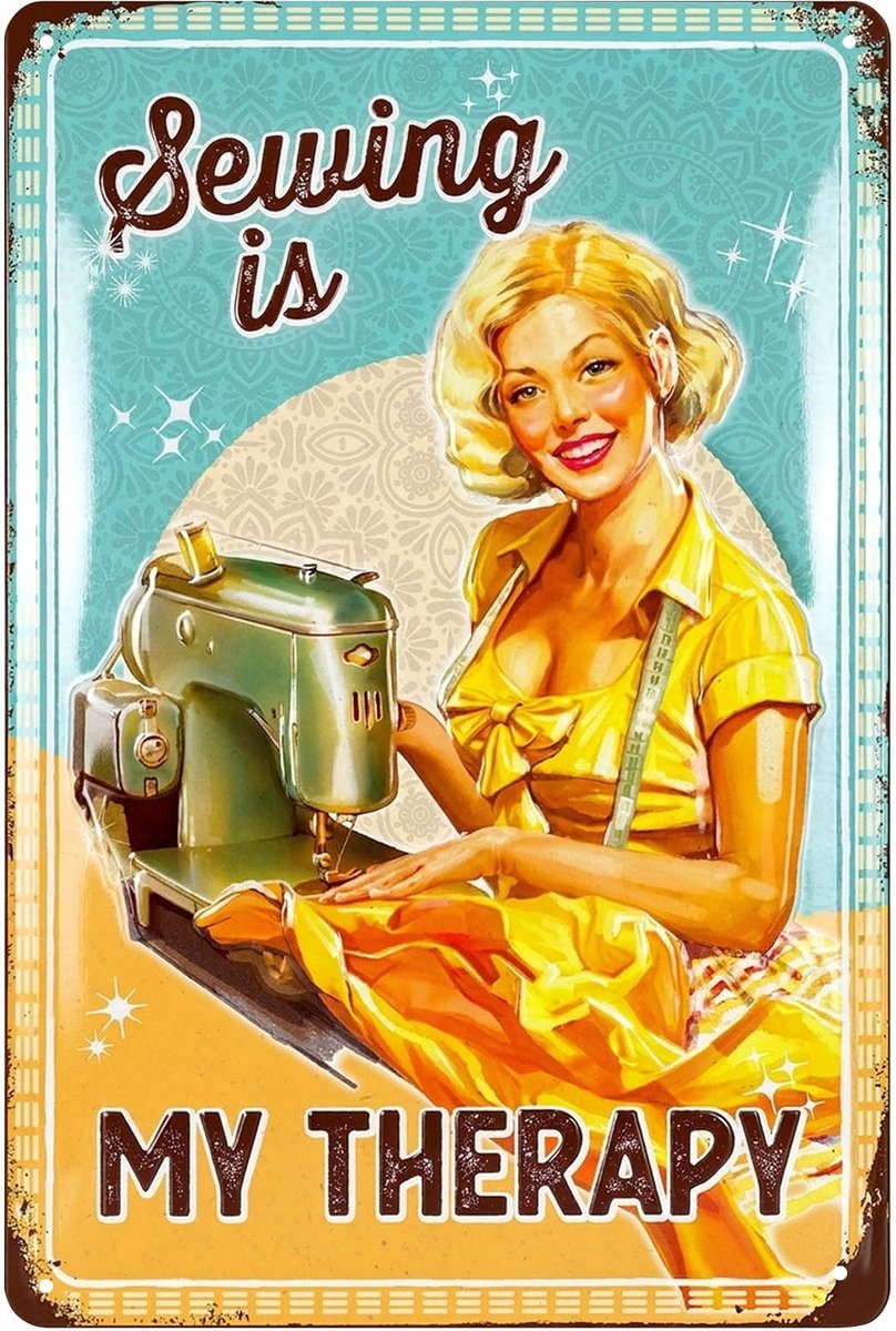 Decoratief metalen bord 20x30cm - vintage tin sign - grappige tekst 'Sewing Is My Therapy' - perfect voor naairoom - ShopVlot