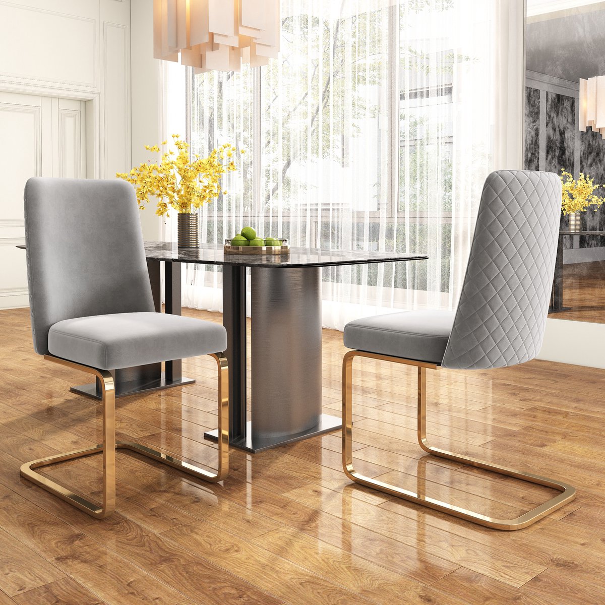 Eetkamerstoel 2-Pak Velvet - Lounge Fauteuil Met Ruitdesign En Gouden Metalen Poten Grijs