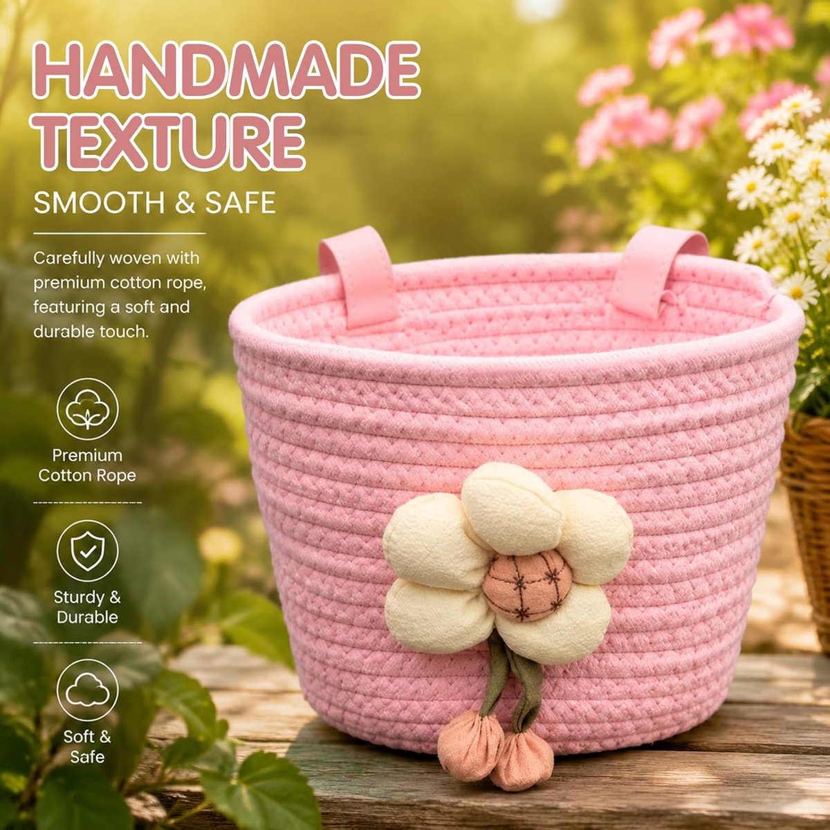 Fietsmand vooraan 19,5x15,5x14,5cm - Roze veganistisch leer - Bloemendecoratie - Ideaal voor dagelijkse ritten - ShopVlot