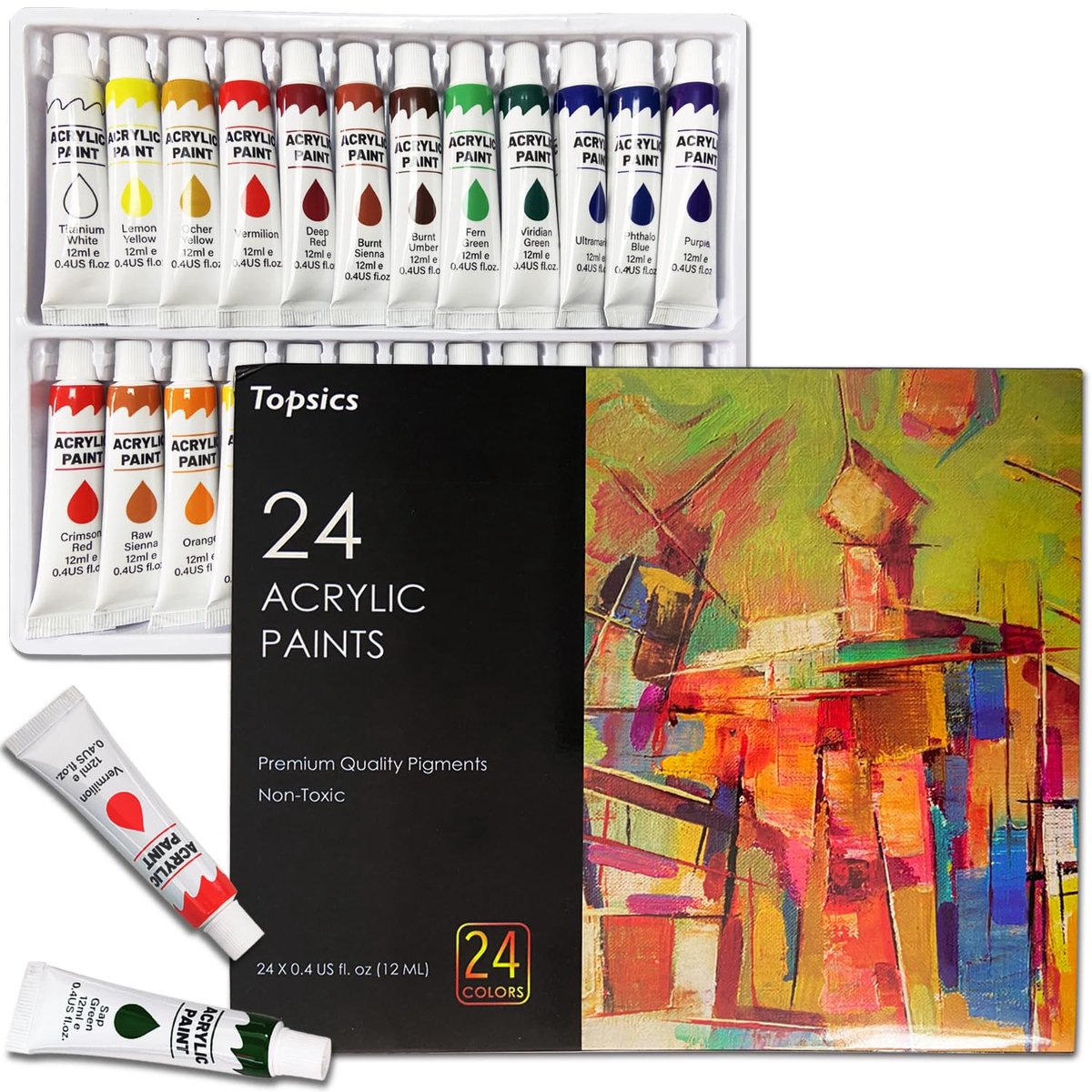Acrylverfset 24 kleuren - 24 tubes van 12 ml - non-giftige verf - ideaal voor kunstenaars en beginners - ShopVlot
