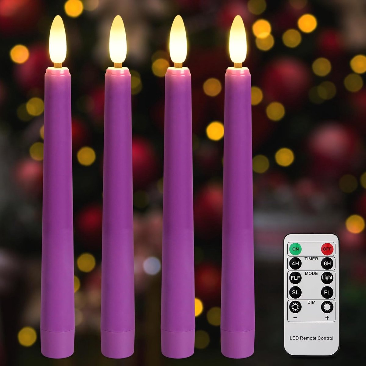 Led-staafkaarsen 4 paarse - met timer en afstandsbediening - flikkerend en dimbaar - ShopVlot