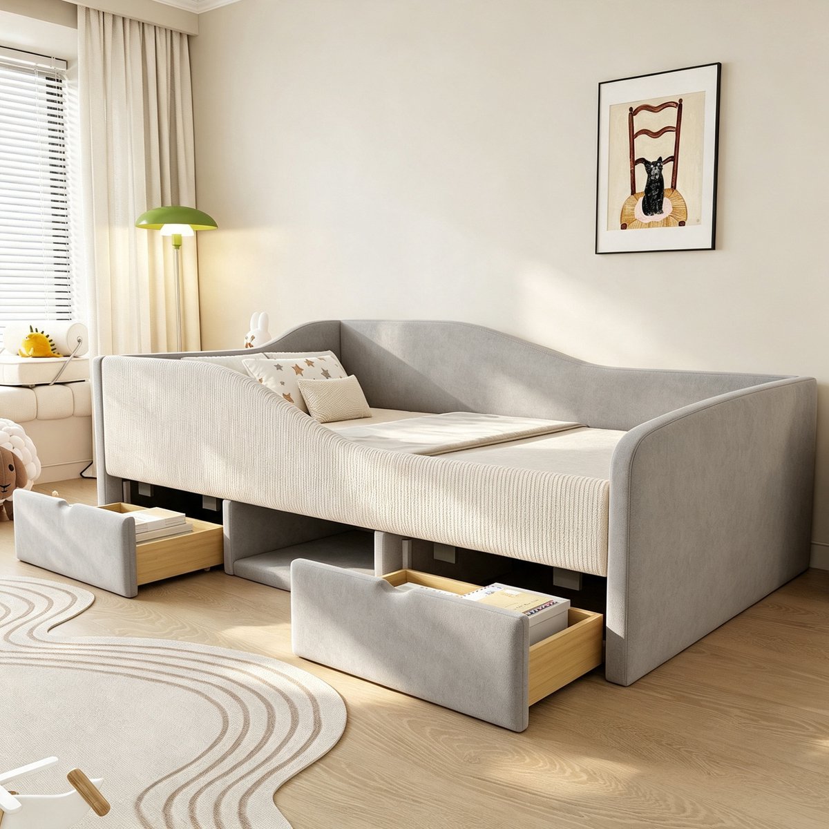 MIVRAY Kinderbed 90 x 190 cm - Gestoffeerd Bed Zonder Matras Met 2 Lades En Valbeveiliging - Met Opbergruimte Voor Kinderkamer - Fluweel - Grijs