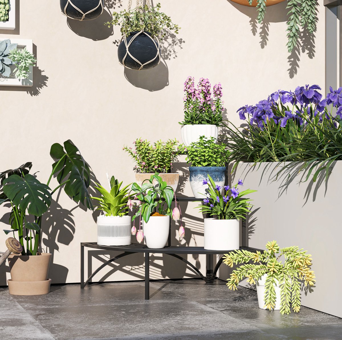 MIVRAY Plantenstandaard – Drie Lagige Hoekvorm Voor Kleine Ruimtes – 87 X 60 X 60 Cm – Metaal – Zwart – Voor Binnen En Buiten