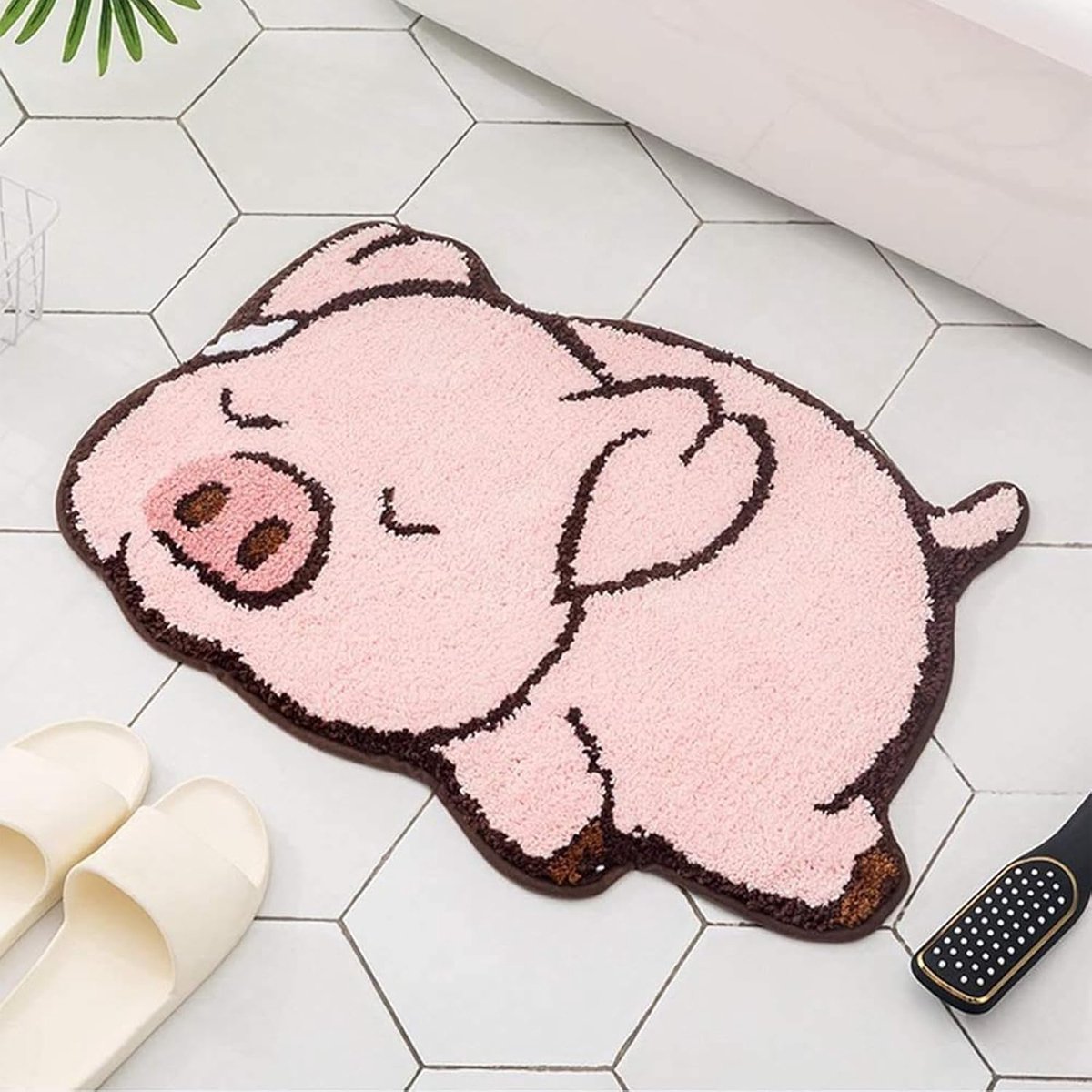 SnelShoppen - Schattige Bademat Rosa Varkentje Design - Ronde Antislip Badmat voor Kinderen - 45x65 cm - Geschikt voor Badkamer, Keuken, Kinderkamer