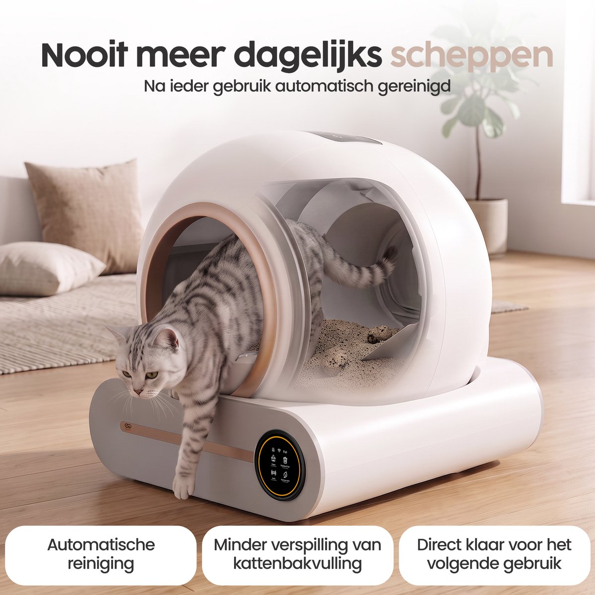 Infinity Goods Automatische Kattenbak XXL - Zelfreinigende Kattenbak - Incl. App - 75L - Met Kattenbakmat en 3 Rollen Opbergzakjes - Wit/Roségoud thumbnail 2